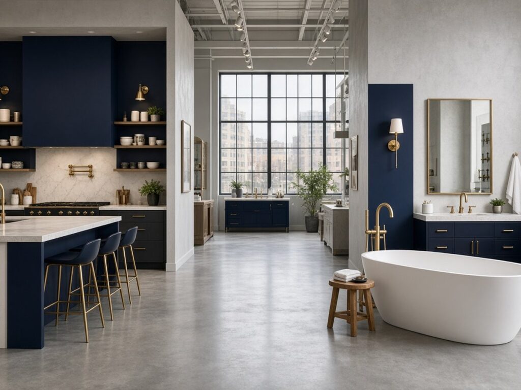 Kitchen and bath showroom floor with a navy kitchen island, a freestanding tub and vanity displays