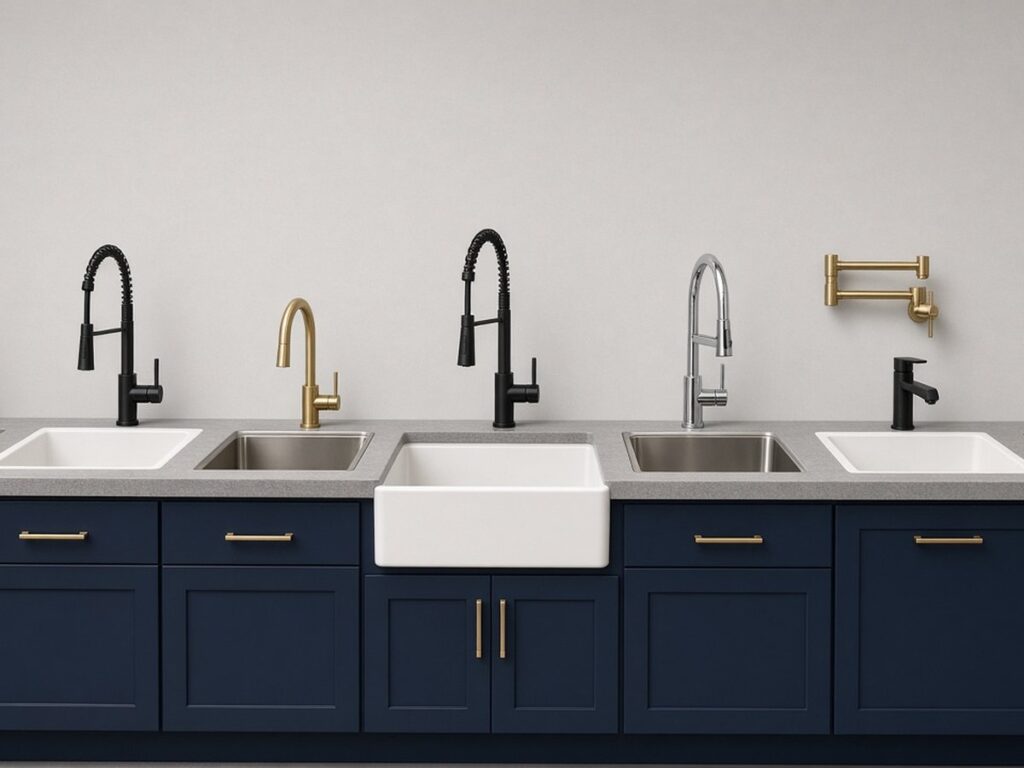 Display wall of kitchen faucets in black, brass and chrome over white and stainless sinks