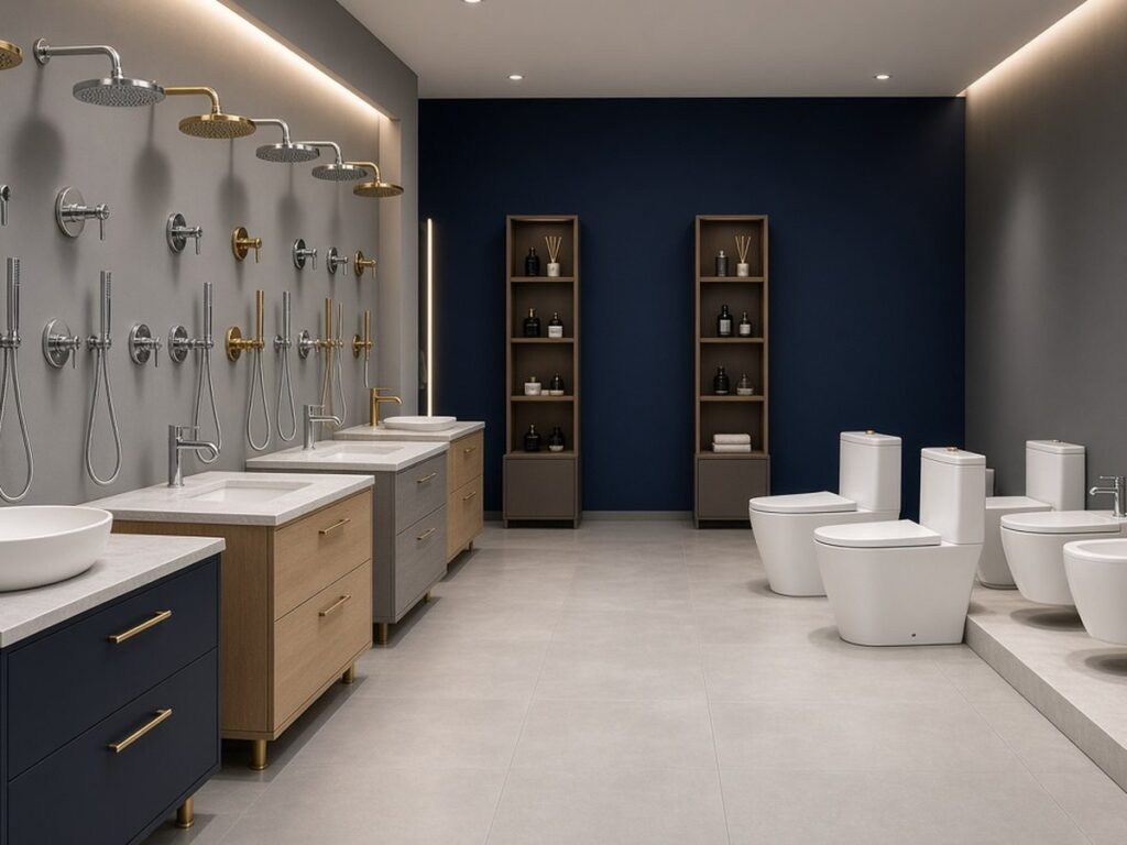Bath showroom with a wall of shower fixtures, vanities, toilets and bidets on display