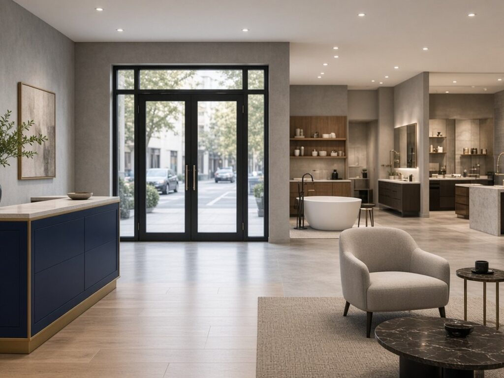 Showroom entrance with glass doors and a seating area for design consultations
